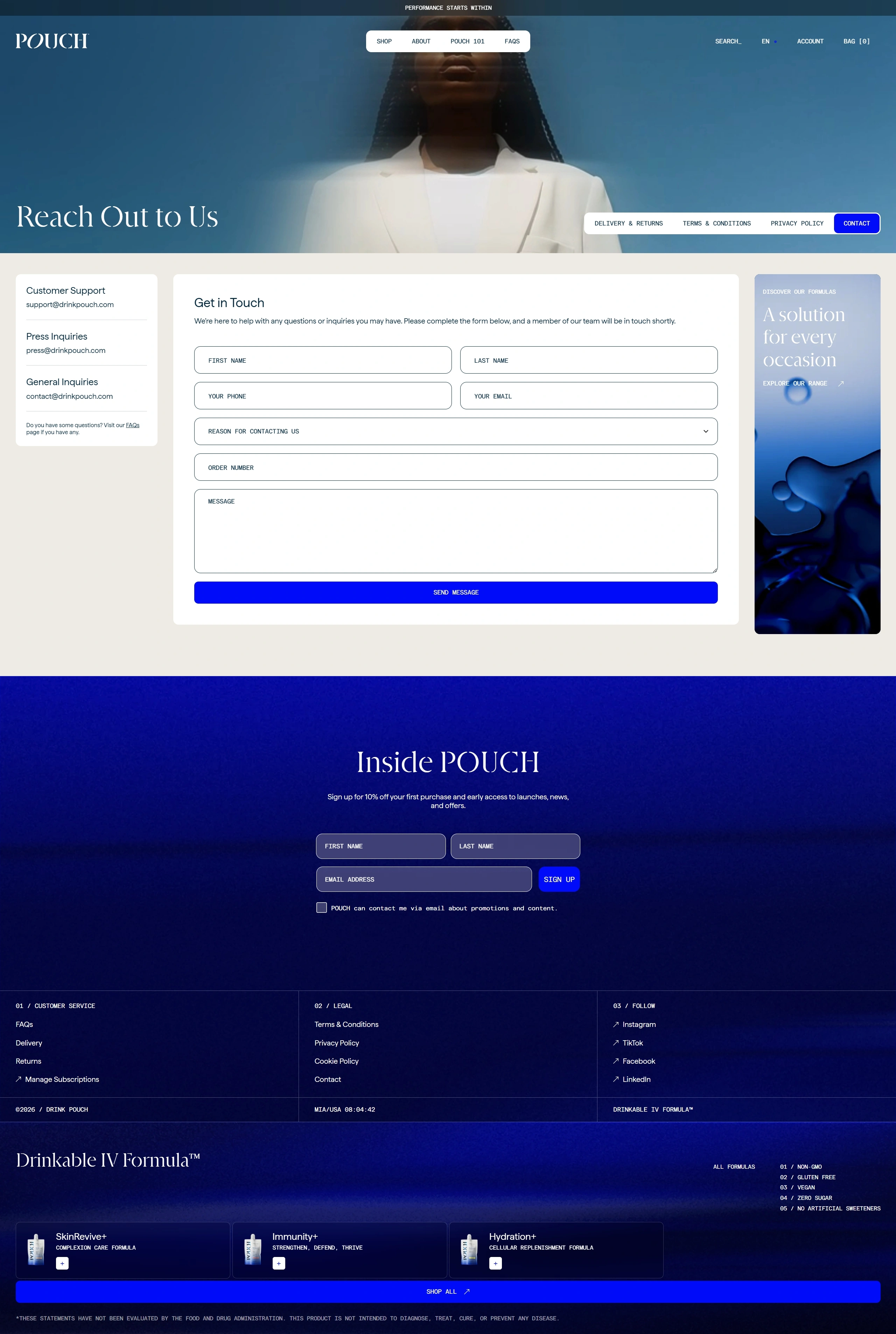 Drink POUCH Контакты Drink POUCH, тематика — Еда и напитки, цвета — Белый, Черный, Серый, стиль — Корпоративный, Минимализм, типографика — Без засечек