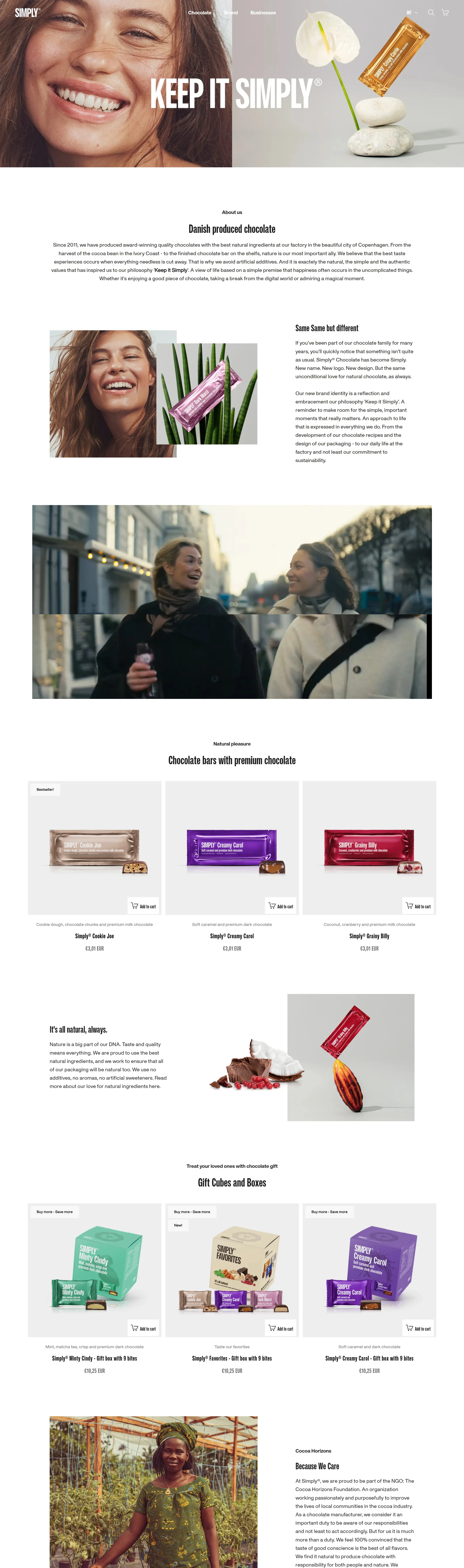 Страница о компании Simply Chocolate, тематика — Еда и напитки, цвета — Белый, Серый, стиль — Корпоративный, типографика — Без засечек