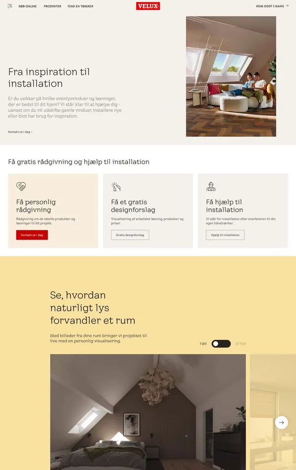 Продукт VELUX, тематика — Строительство, цвета — Белый, Серый, Желтый, стиль — Корпоративный, Минимализм, типографика — Без засечек