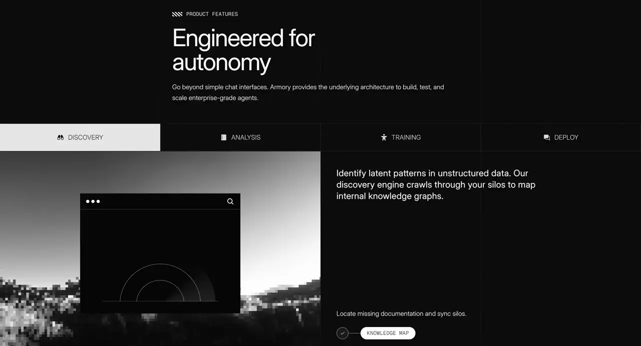Секция «О продукте» с сайта https://armory.framer.ai/, тематика — SaaS, цвета — Черный, Серый, стиль — Корпоративный, Минимализм, типографика — Без засечек