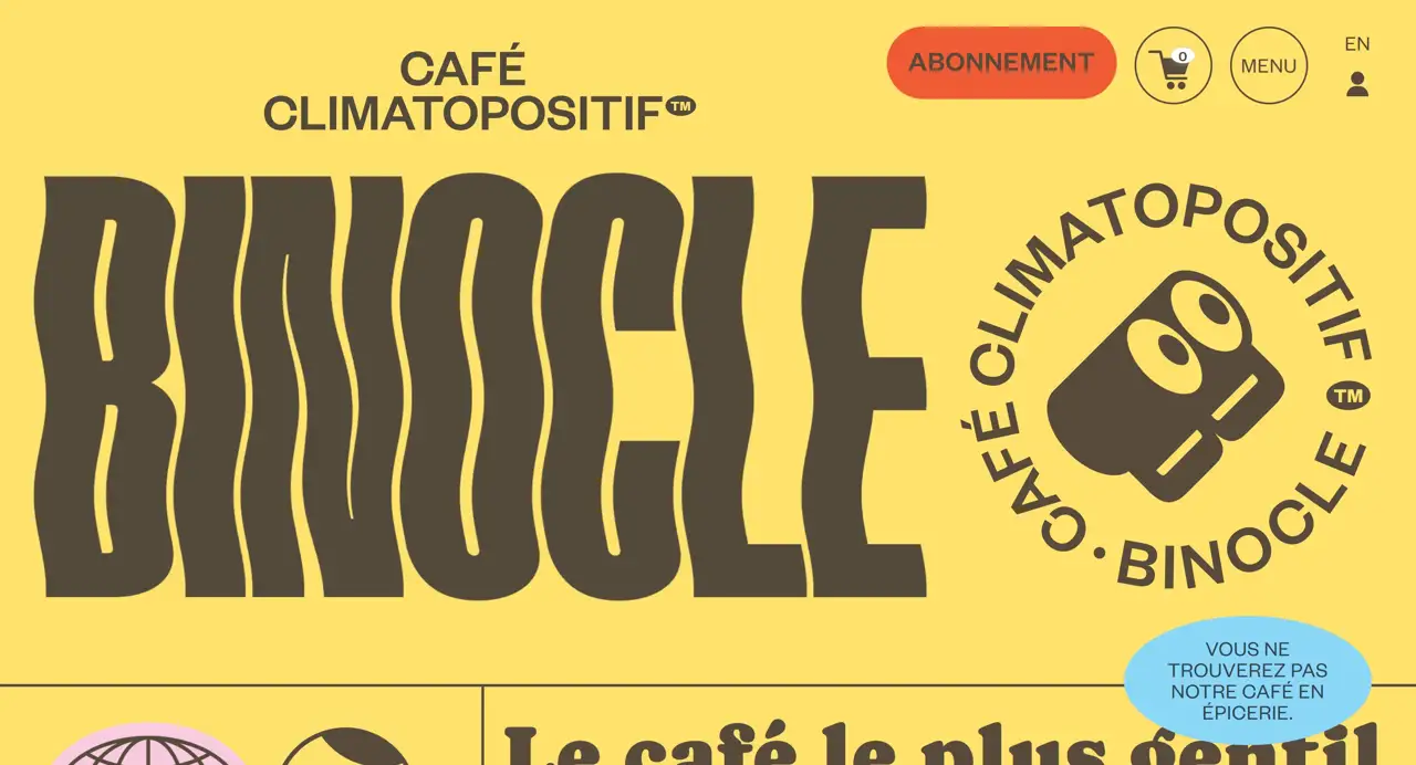 Секция «Первый экран» с сайта https://www.cafebinocle.com/, тематика — Еда и напитки, цвета — Серый, Желтый, Коричневый, стиль — Брутализм, типографика — Без засечек, Декоративные