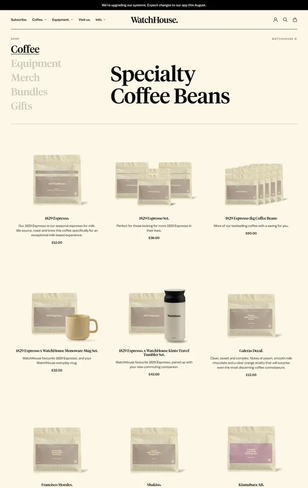 Каталог WatchHouse, тематика — Еда и напитки, цвета — Белый, стиль — Корпоративный, Минимализм, Органический и природный, типографика — Без засечек