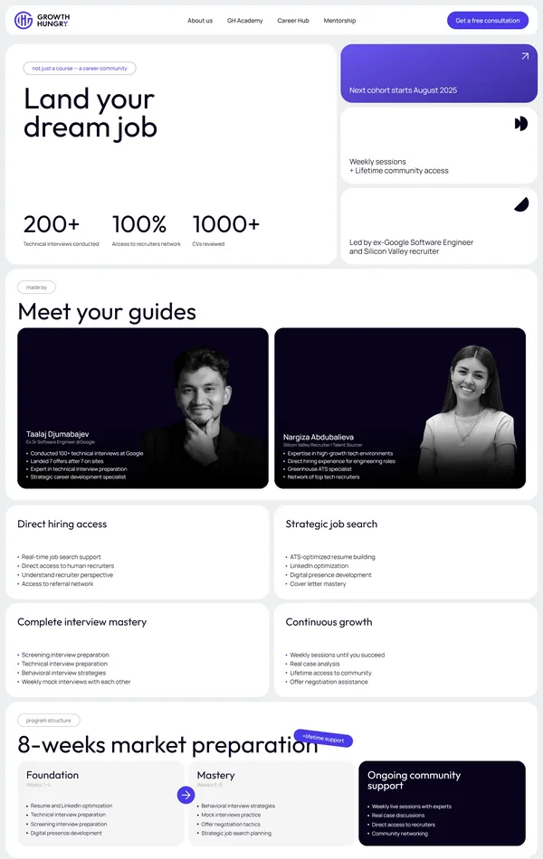 Страница карьеры Growthhungry, тематика — Образование, IT и программное обеспечение, HR, цвета — Белый, Черный, стиль — Корпоративный, Минимализм, типографика — Без засечек