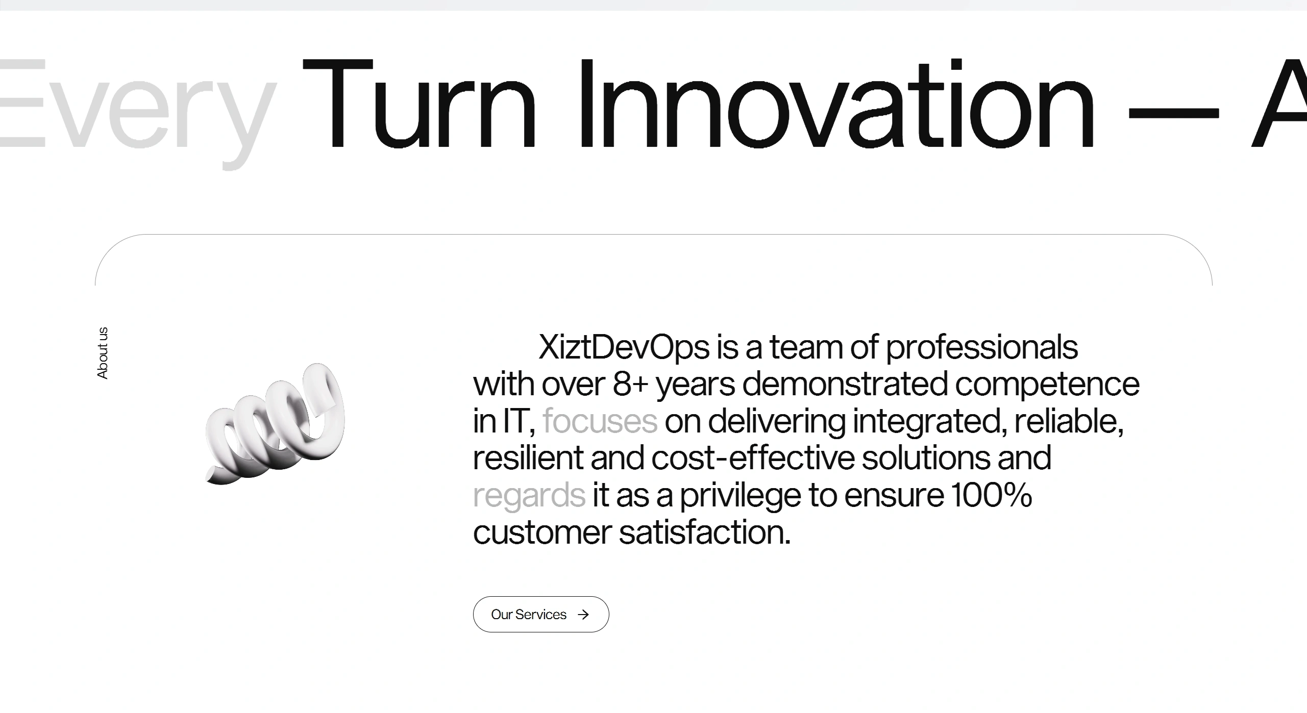 Xizt Agency Секция «О компании» с сайта https://xiztdevops.com/, тематика — IT и программное обеспечение, цвета — Белый, Серый, стиль — Корпоративный, Минимализм, типографика — Без засечек