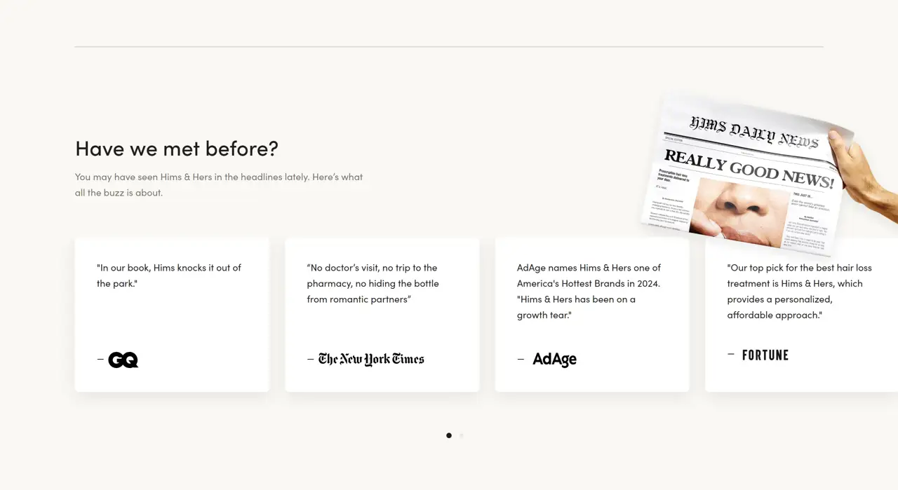 Секция «Отзывы» с сайта https://www.hims.com/, тематика — Здоровье и фитнес, цвета — Белый, стиль — Карточный, Минимализм, типографика — С засечками, Без засечек