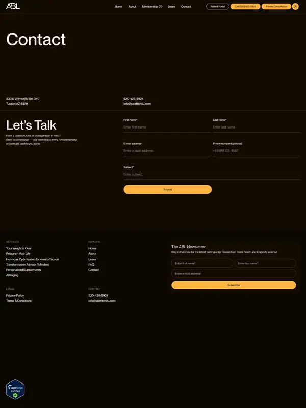 Контакты A Better Lou, тематика — Здоровье и фитнес, цвета — Черный, стиль — Корпоративный, Минимализм, типографика — Без засечек