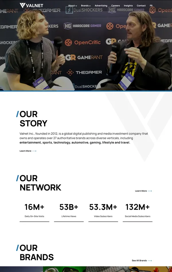 Главная Valnet, тематика — Медиа, цвета — Белый, Черный, Серый, стиль — Корпоративный, типографика — Без засечек