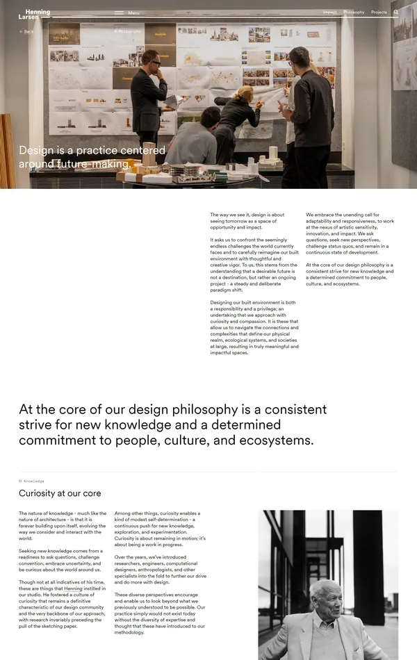 Страница о компании Henning Larsen, тематика — Дизайн, цвета — Белый, Серый, стиль — Корпоративный, типографика — Без засечек