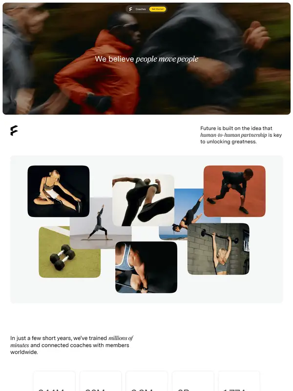 Страница о компании Future, тематика — Здоровье и фитнес, цвета — Белый, Черный, Серый, стиль — Корпоративный, Карточный, Минимализм, типографика — Без засечек
