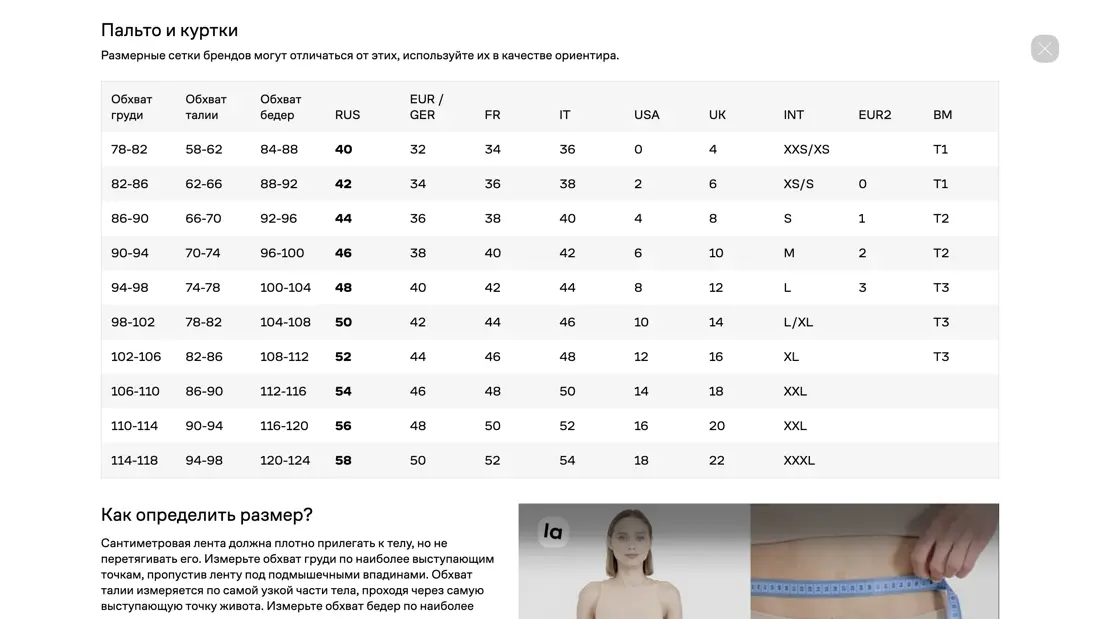 Lamoda Размерная сетка