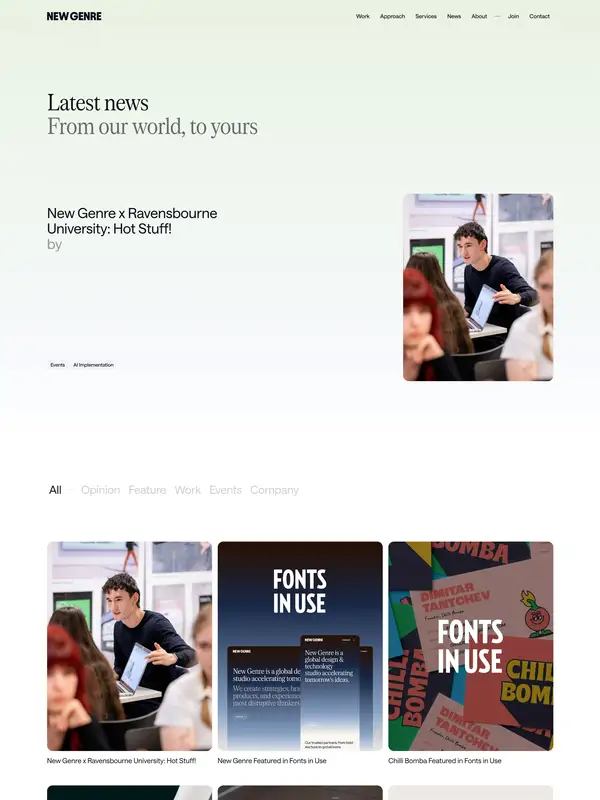 Новости New Genre, тематика — Дизайн, цвета — Белый, Черный, Серый, стиль — Корпоративный, Минимализм, типографика — Без засечек, Декоративные