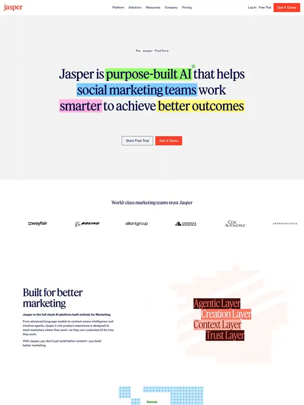 Продукт Jasper, тематика — SaaS, цвета — Белый, стиль — Корпоративный, Минимализм, типографика — Без засечек, Декоративные