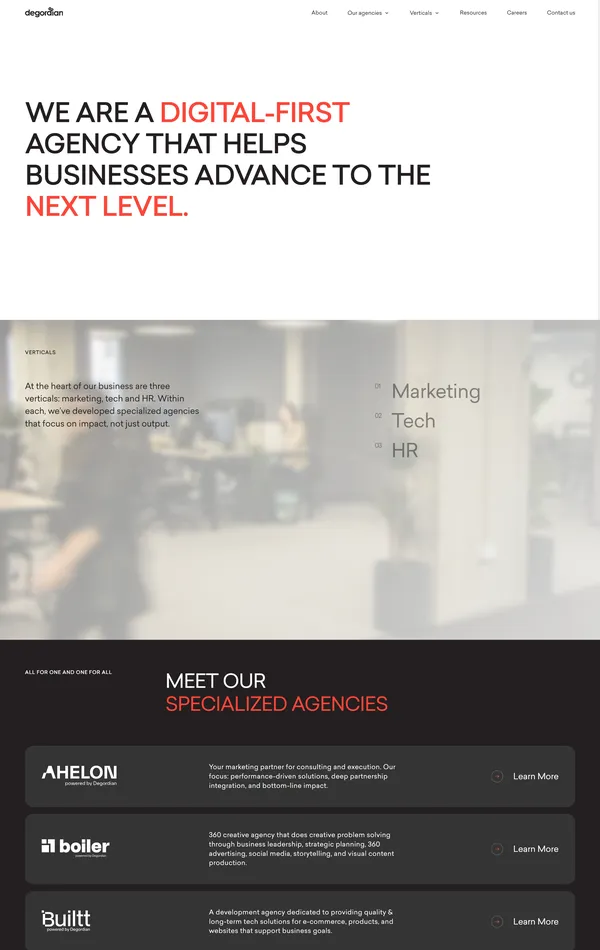 Главная Degordian, тематика — Маркетинг, Агентство , цвета — Белый, Черный, Серый, стиль — Корпоративный, Минимализм, типографика — Без засечек