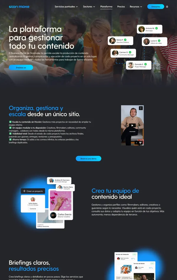 Продукт Storimake, тематика — Бизнес и профессиональные услуги, SaaS, цвета — Черный, Синий, стиль — Корпоративный, типографика — Без засечек