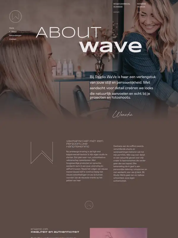 Страница о компании Studio WaVe, тематика — Красота, цвета — Черный, Серый, Коричневый, стиль — Минимализм, типографика — Без засечек, Декоративные