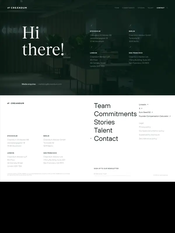 Контакты Creandum, тематика — Бизнес и профессиональные услуги, цвета — Черный, стиль — Корпоративный, Минимализм, типографика — С засечками, Без засечек
