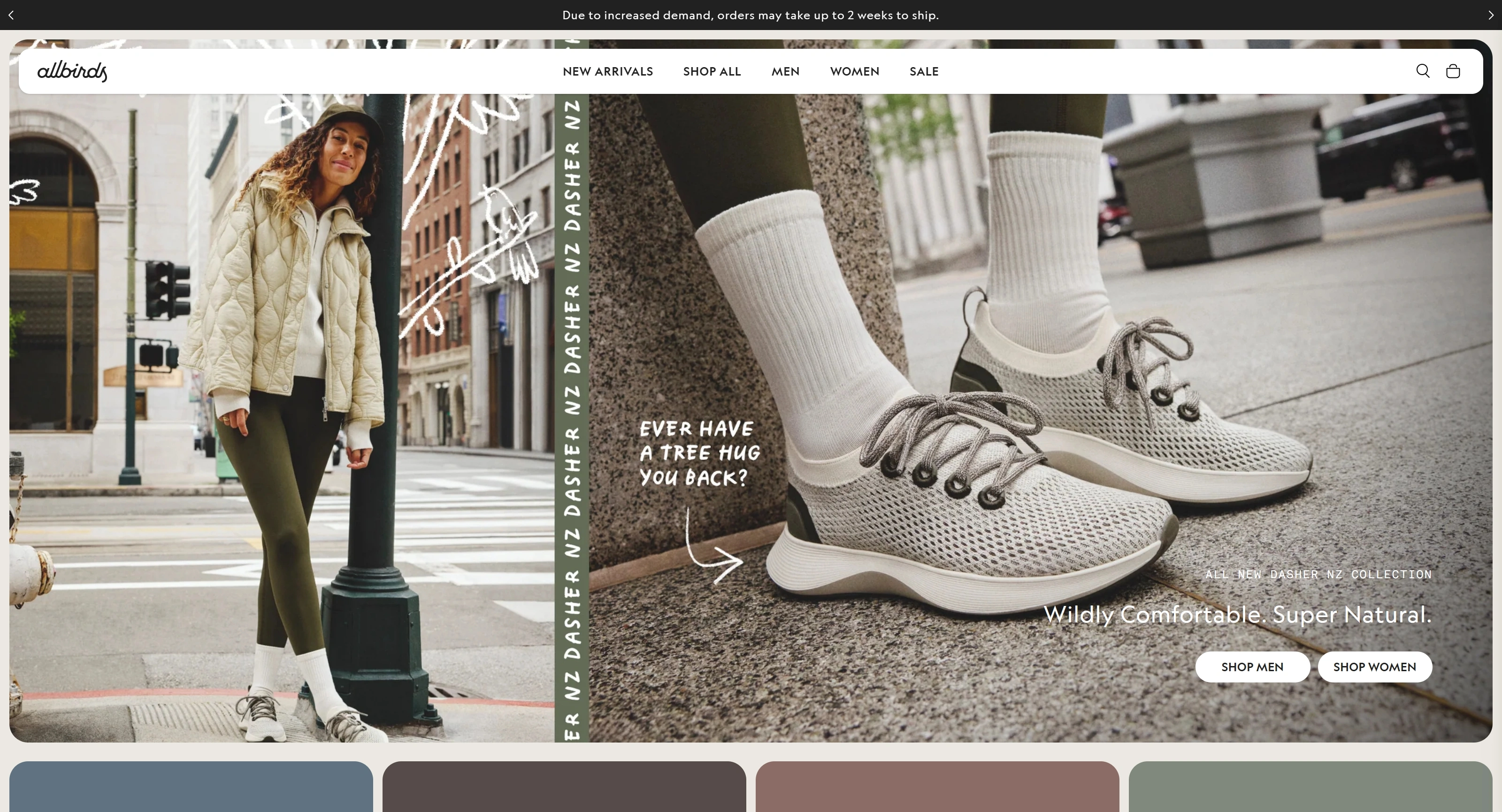 Allbirds Секция «Первый экран» с сайта https://www.allbirds.com/, тематика — Одежда, цвета — Белый, Черный, Серый, стиль — Минимализм, Органический и природный, типографика — Без засечек
