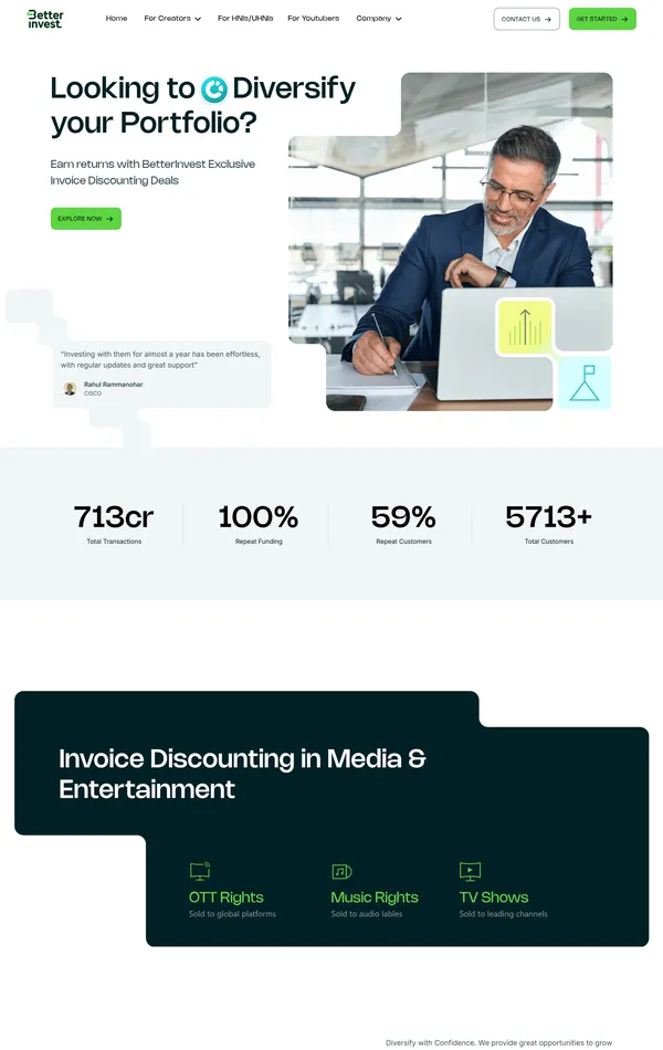 Страница о компании BetterInvest, тематика — Финансы, цвета — Белый, Черный, стиль — Корпоративный, типографика — Без засечек