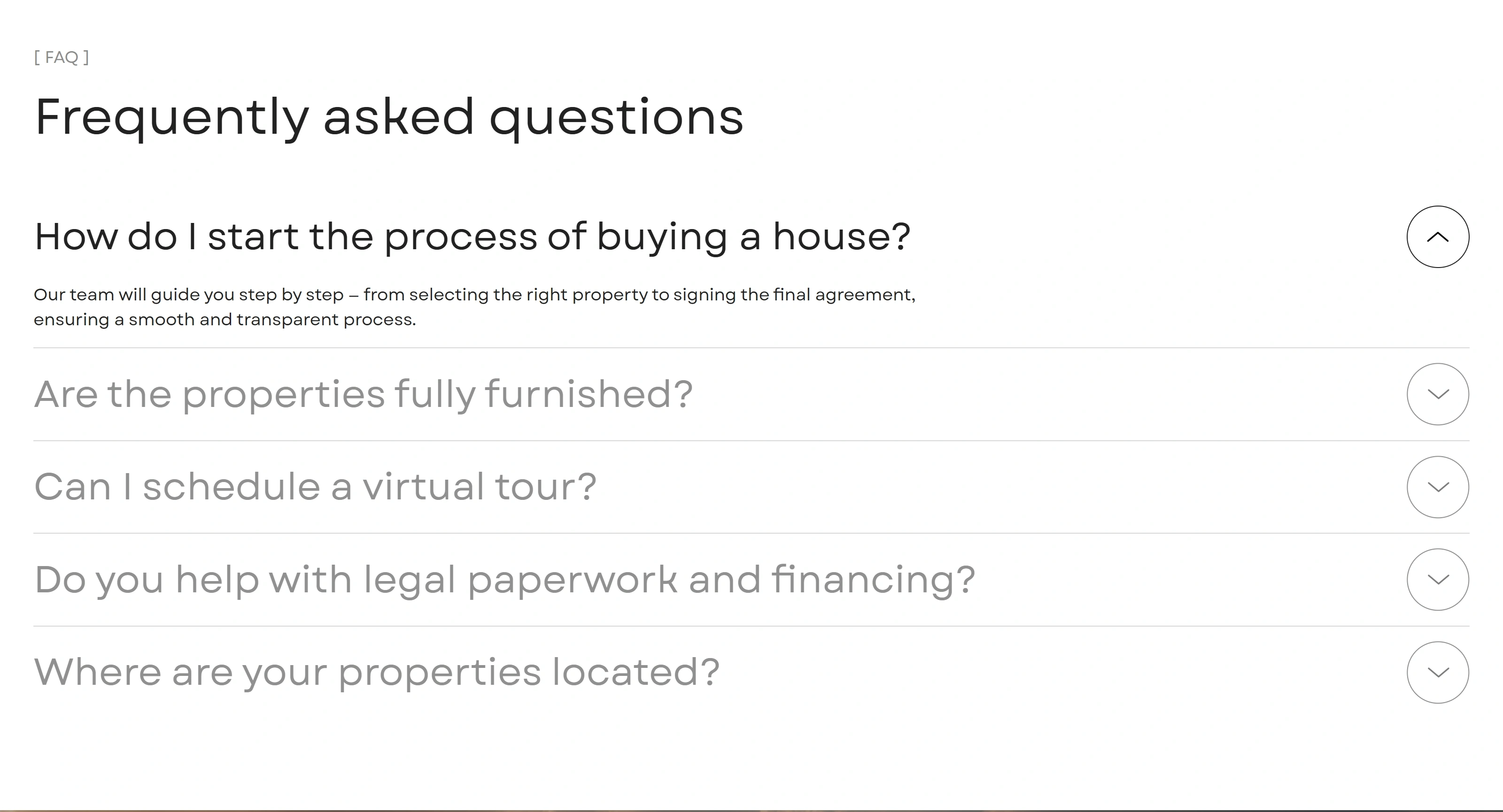 EverHome Секция «FAQ» с сайта https://real-estate-gapsy.webflow.io/, тематика — Недвижимость, цвета — Белый, стиль — Минимализм, типографика — Без засечек