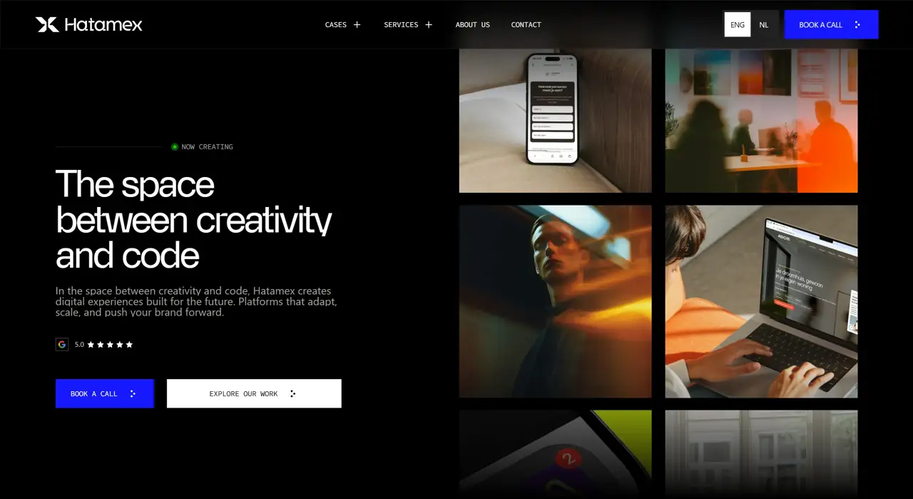 Секция «Первый экран» с сайта https://www.hatamex.agency/en, тематика — Агентство , цвета — Черный, Серый, стиль — Корпоративный, Минимализм, типографика — Без засечек