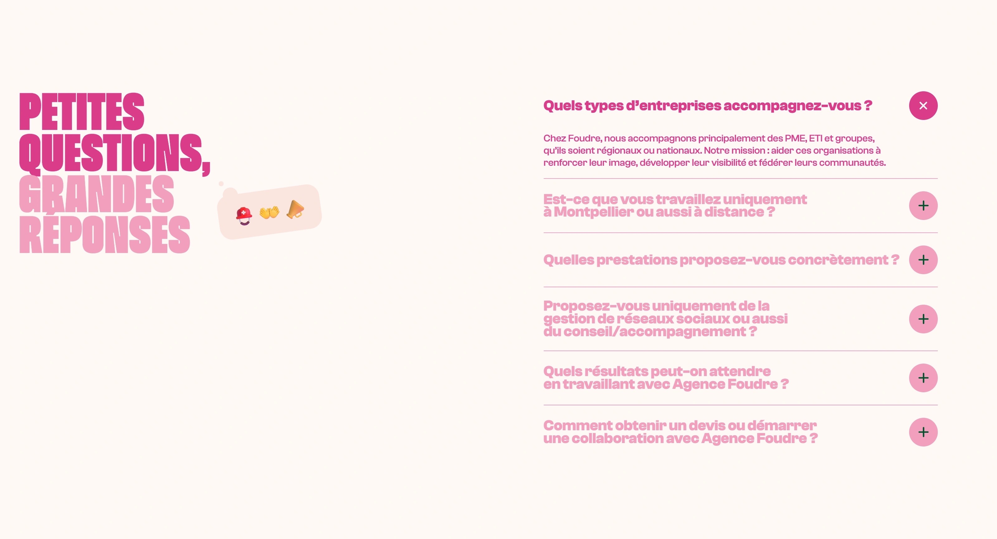 Agence Foudre Секция «FAQ» с сайта https://www.agencefoudre.com/, тематика — Агентство , цвета — Белый, Розовый, стиль — Плоский, Минимализм, типографика — Декоративные