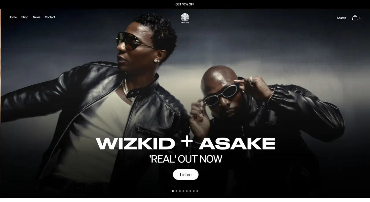 Секция «Первый экран» с сайта https://empi.re/, тематика — Музыка, цвета — Черный, Серый, стиль — Минимализм, типографика — Без засечек