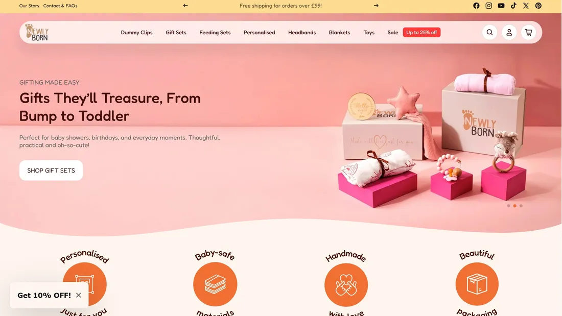 Секция «Первый экран» с сайта https://newlybornuk.com/, тематика — Интернет-магазин, цвета — Белый, Розовый, стиль — Корпоративный, типографика — Без засечек