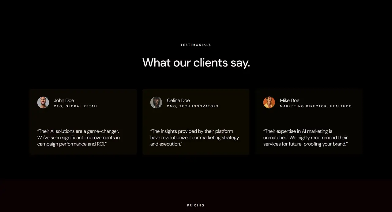 Секция «Отзывы» с сайта https://creativemarketing.peachweb.io/, тематика — Агентство , цвета — Черный, стиль — Карточный, Минимализм, типографика — Без засечек