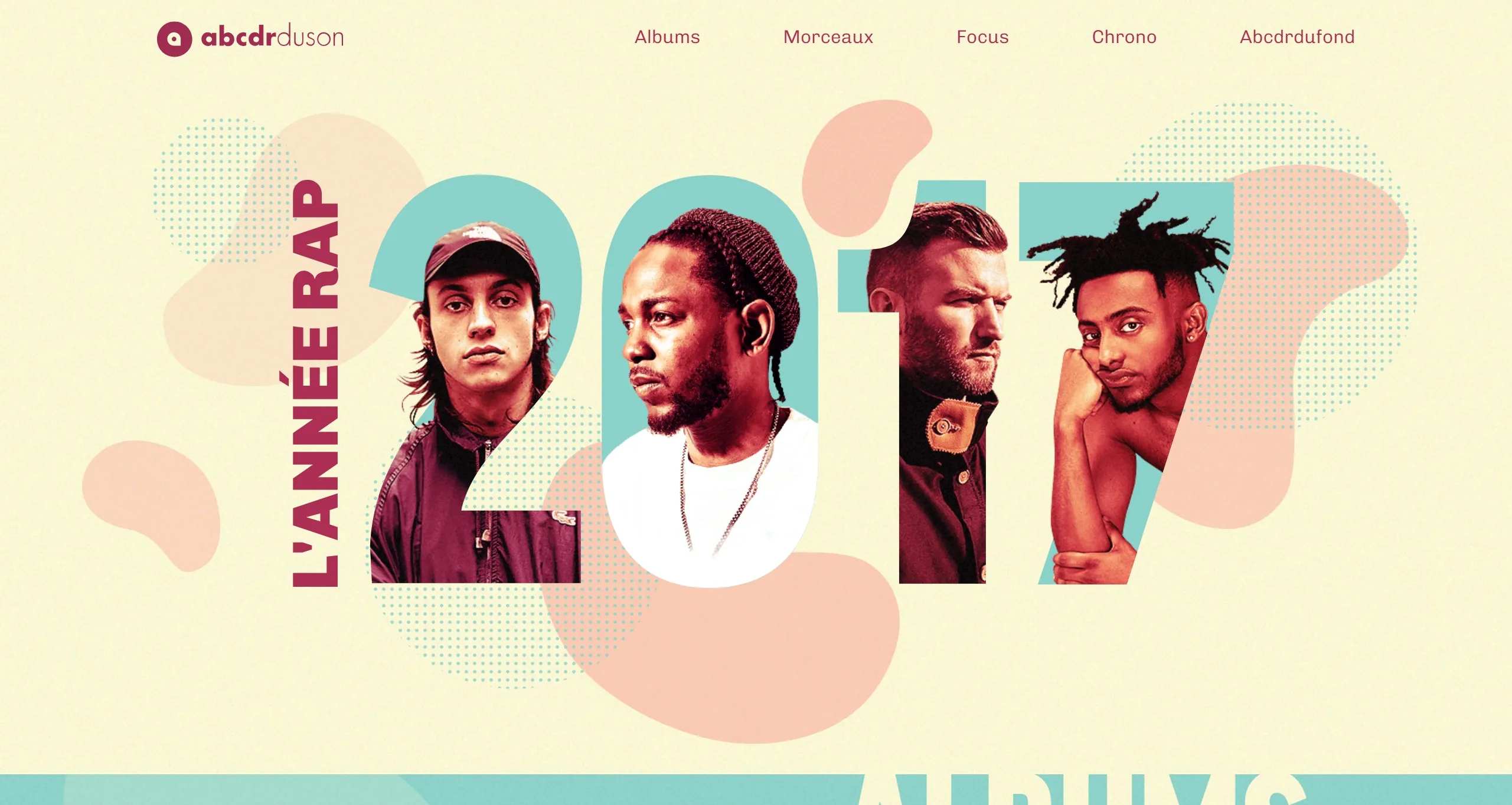Abcdr du Son Секция «Первый экран» с сайта https://www.abcdrduson.com/annee-rap-2017/, тематика — Музыка, цвета — Белый, стиль — Типографика, типографика — Без засечек