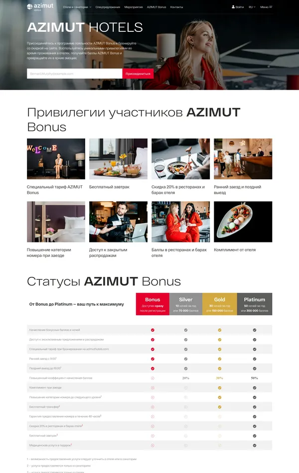 Программа лояльности AZIMUT Hotels, тематика — Путешествия и туризм, цвета — Белый, Черный, Серый, стиль — Корпоративный, типографика — Без засечек