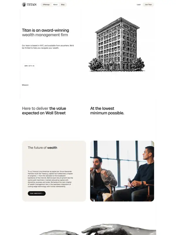 Страница о компании Titan, тематика — Финансы, цвета — Белый, Серый, стиль — Корпоративный, Минимализм, типографика — С засечками, Без засечек