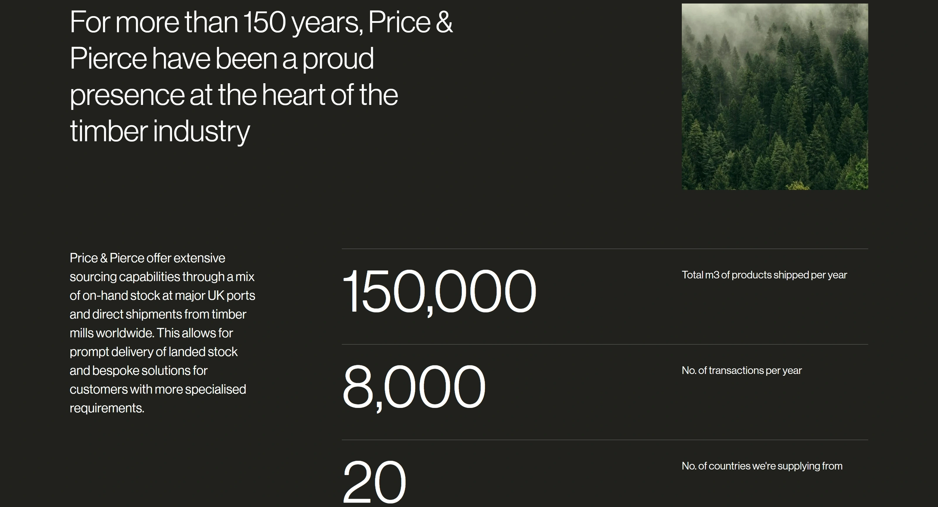 Price & Pierce Секция «О компании» с сайта https://www.price-pierce.co.uk/, тематика — Другое, цвета — Черный, стиль — Корпоративный, Минимализм, типографика — Без засечек