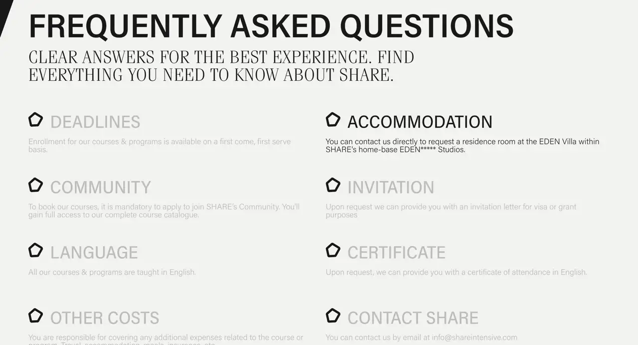 Секция «FAQ» с сайта https://www.shareintensive.com/, тематика — Искусство, цвета — Белый, стиль — Корпоративный, Минимализм, типографика — Без засечек