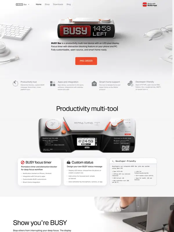 Лендинг BUSY Bar, тематика — Продукт, SaaS, цвета — Белый, Серый, стиль — Корпоративный, Минимализм, типографика — Без засечек