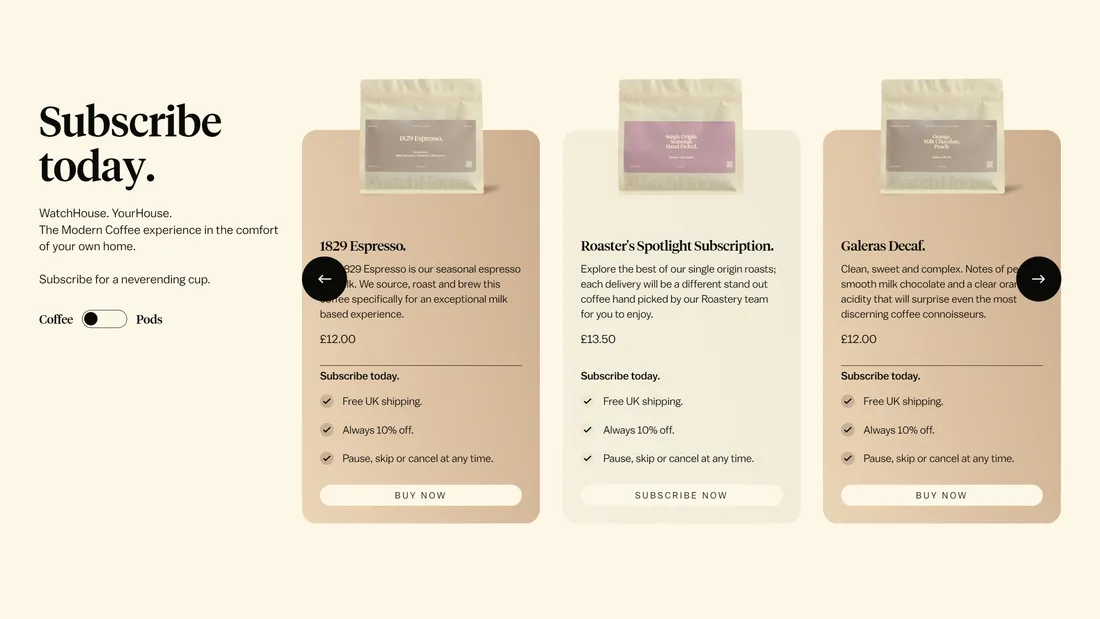 Секция «Товары» с сайта https://watchhouse.com/, тематика — Еда и напитки, цвета — Белый, стиль — Классический, Минимализм, типографика — Без засечек