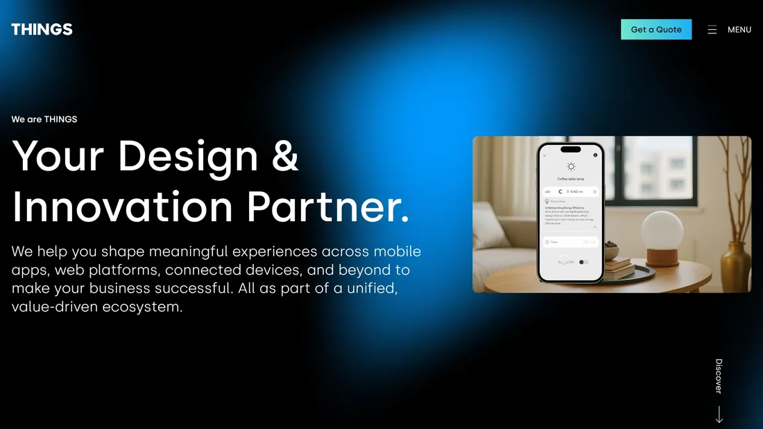 Секция «Первый экран» с сайта https://things.is/, тематика — IT и программное обеспечение, цвета — Черный, Серый, Синий, стиль — Корпоративный, Минимализм, типографика — Без засечек