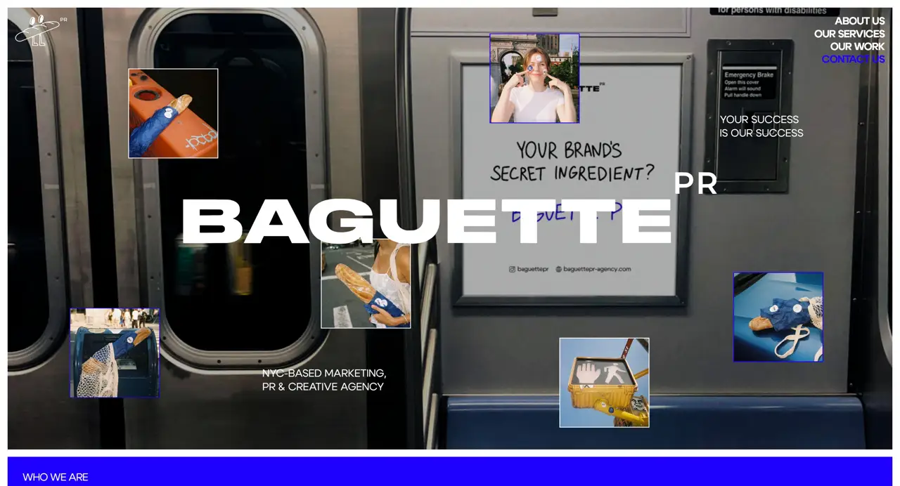 Секция «Первый экран» с сайта https://baguettepr-agency.com/, тематика — Агентство , цвета — Черный, Серый, стиль — Корпоративный, Брутализм, типографика — Без засечек, Декоративные