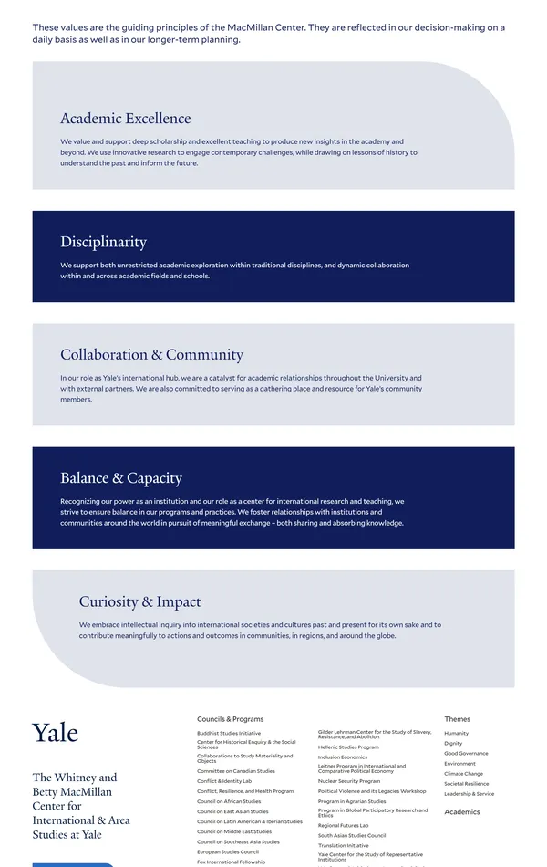 Страница о компании Macmillan Yale, тематика — Образование, цвета — Белый, Черный, стиль — Классический, Корпоративный, типографика — С засечками, Без засечек