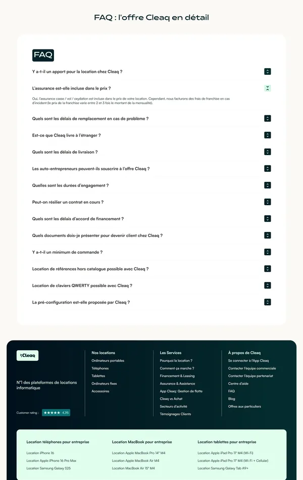 Секция «FAQ» с сайта https://www.cleaq.com/, тематика — IT и программное обеспечение, цвета — Белый, Черный, стиль — Корпоративный, типографика — Без засечек