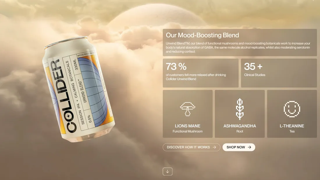 Секция «О продукте» с сайта https://www.drinkcollider.com/, тематика — Еда и напитки, цвета — Белый, Серый, Желтый, стиль — Полигональный, типографика — Без засечек