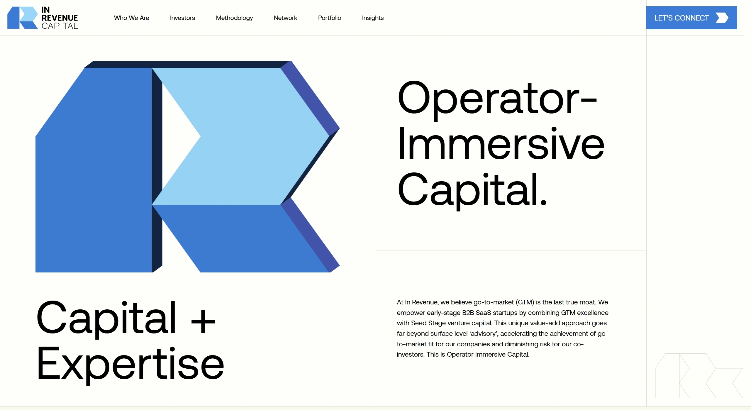 In Revenue Секция «Первый экран» с сайта https://inrevenue.com/, тематика — SaaS, цвета — Белый, Серый, Синий, стиль — Корпоративный, Минимализм, типографика — Без засечек