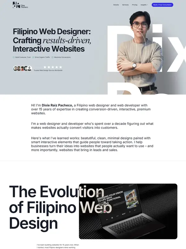 Страница о компании Dixie Raiz Pacheco, тематика — Дизайн, цвета — Белый, Серый, стиль — Корпоративный, Минимализм, типографика — Без засечек, Декоративные