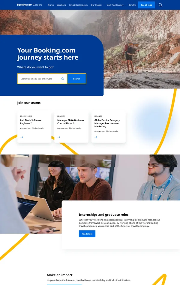 Страница карьеры Booking.com, тематика — Путешествия и туризм, цвета — Белый, Серый, стиль — Корпоративный, типографика — Без засечек