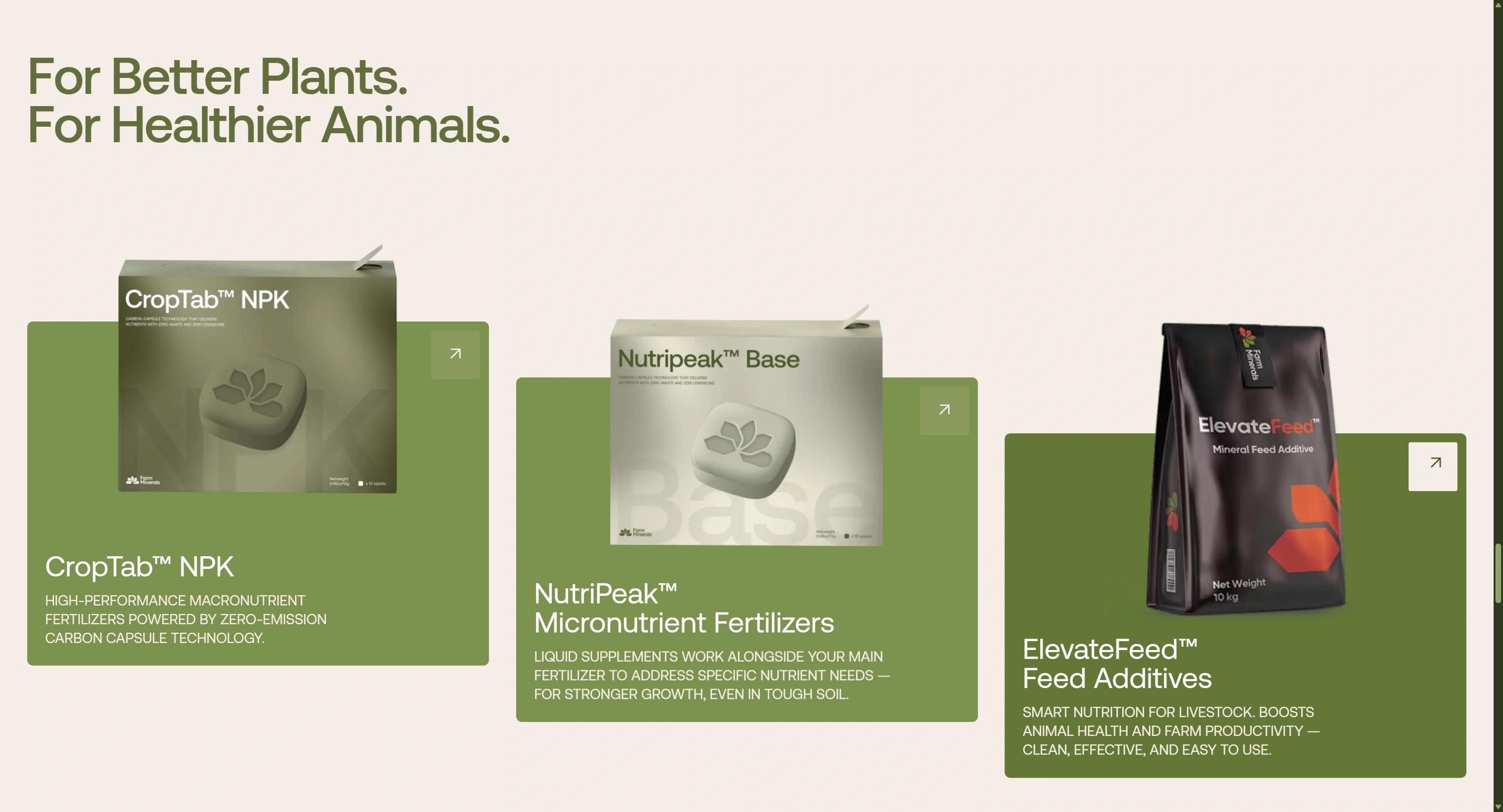 Farm Minerals Секция «Товары» с сайта https://www.farmminerals.com/, тематика — Сельское хозяйство, цвета — Белый, Серый, стиль — Корпоративный, Минимализм, типографика — Без засечек