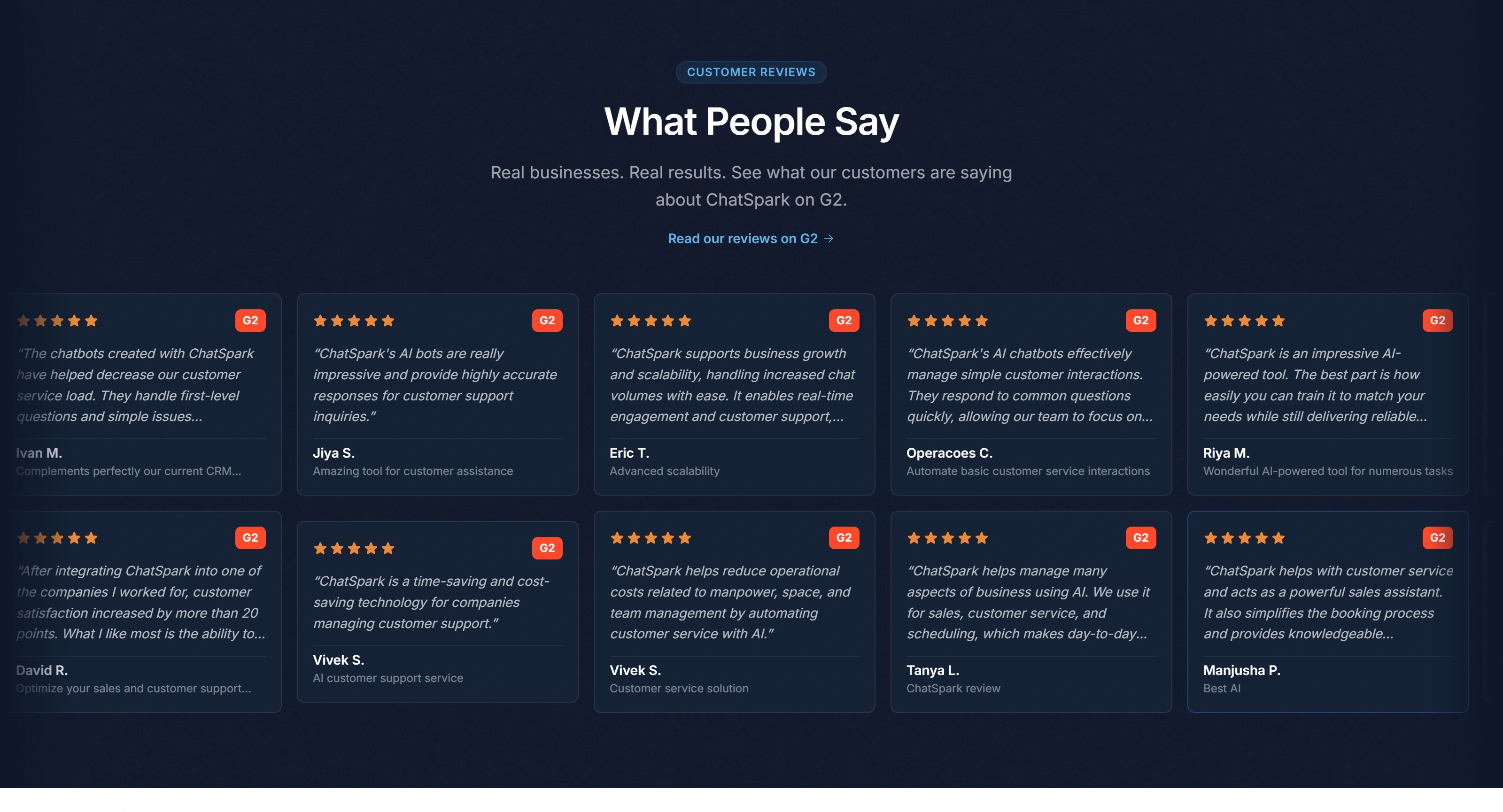 ChatSpark Секция «Отзывы» с сайта https://chatspark.io/, тематика — SaaS, цвета — Черный, стиль — Корпоративный, Карточный, типографика — Без засечек