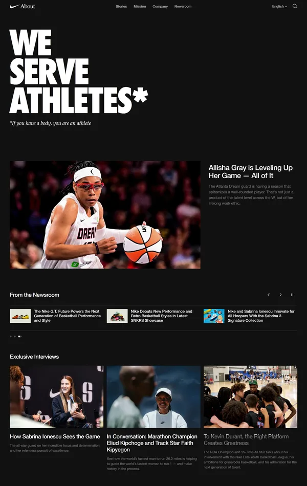 Страница о компании Nike, тематика — Здоровье и фитнес, цвета — Черный, Серый, стиль — Корпоративный, Минимализм, типографика — Без засечек