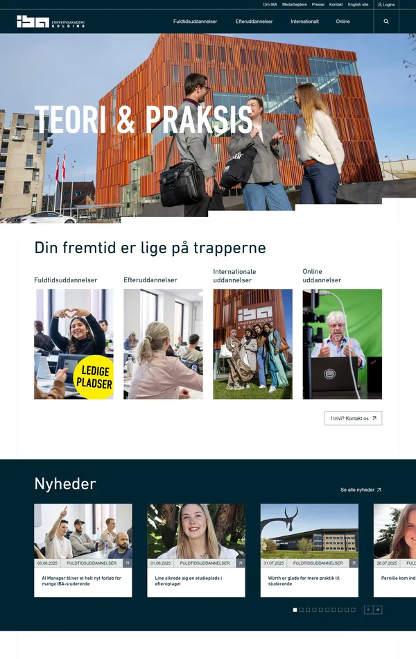 Главная IBA Erhvervsakademi, тематика — Образование, цвета — Белый, Черный, Серый, стиль — Корпоративный, типографика — Без засечек
