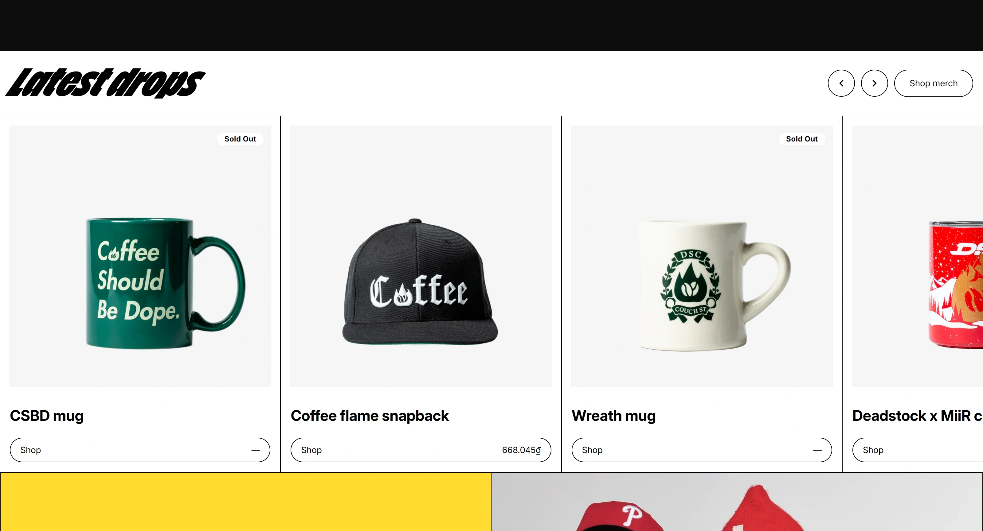 Deadstock Coffee Секция «Товары» с сайта https://deadstockcoffee.com/, тематика — Еда и напитки, цвета — Белый, Черный, Желтый, стиль — Карточный, типографика — Без засечек, Декоративные