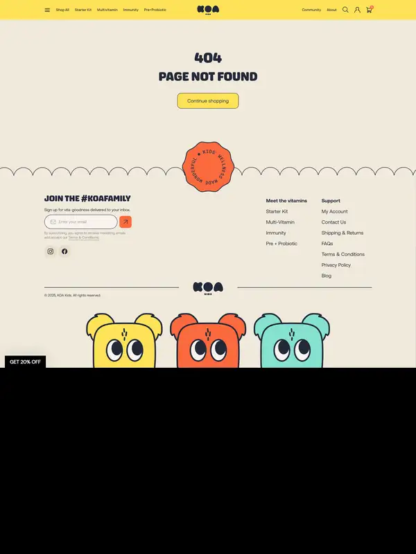 404-страница KOA Kids, тематика — Интернет-магазин, цвета — Белый, стиль — Плоский, Рисованный, Минимализм, типографика — Без засечек, Декоративные