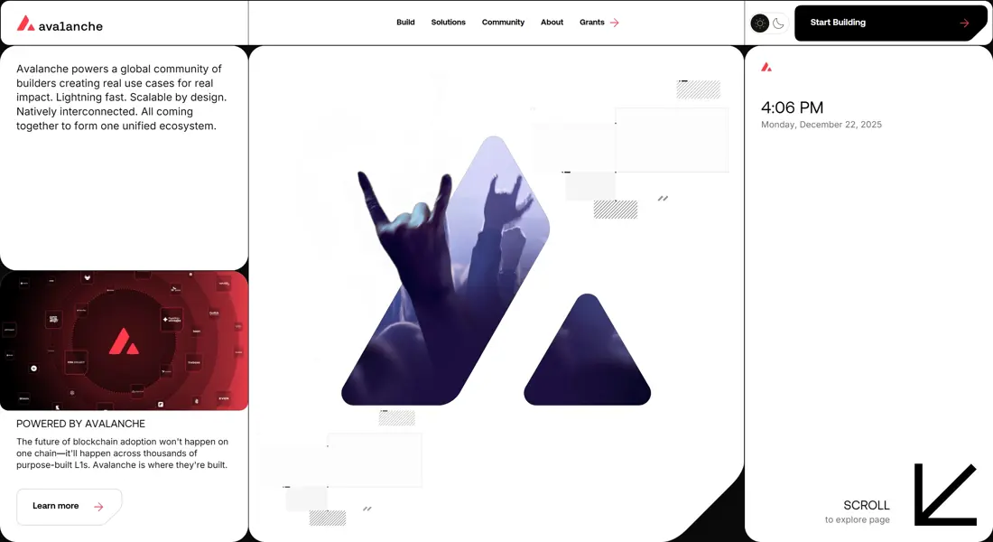 Секция «О компании» с сайта https://www.avax.network/, тематика — Крипто  и блокчейн, цвета — Белый, Черный, стиль — Минимализм, Полигональный, типографика — Без засечек